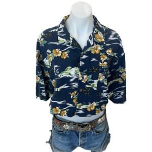 Hawaiian Shirt Button Down Crop Top One Size Boxy Coconutgirl Hibiscus Oversized